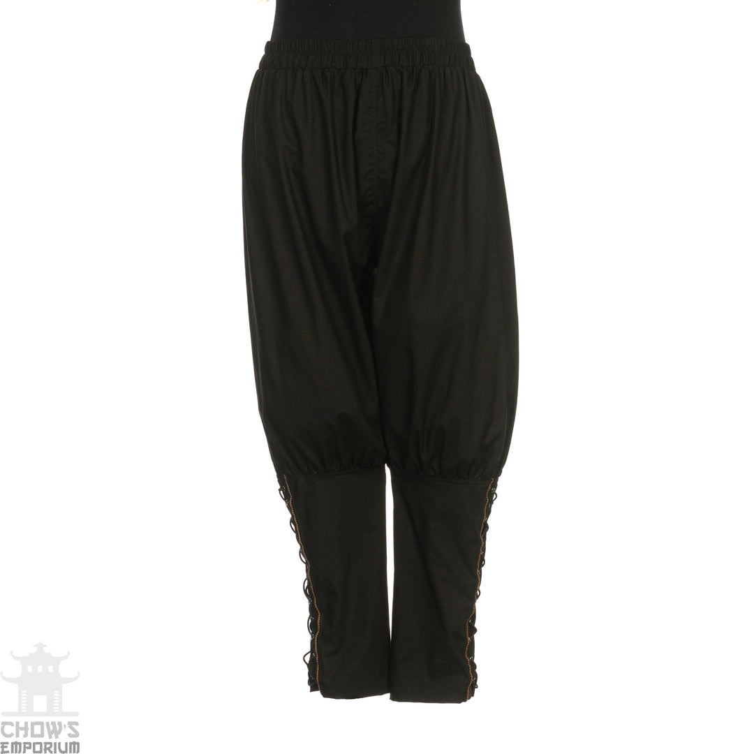 Black Viking pants front view, braided sides for LARP.