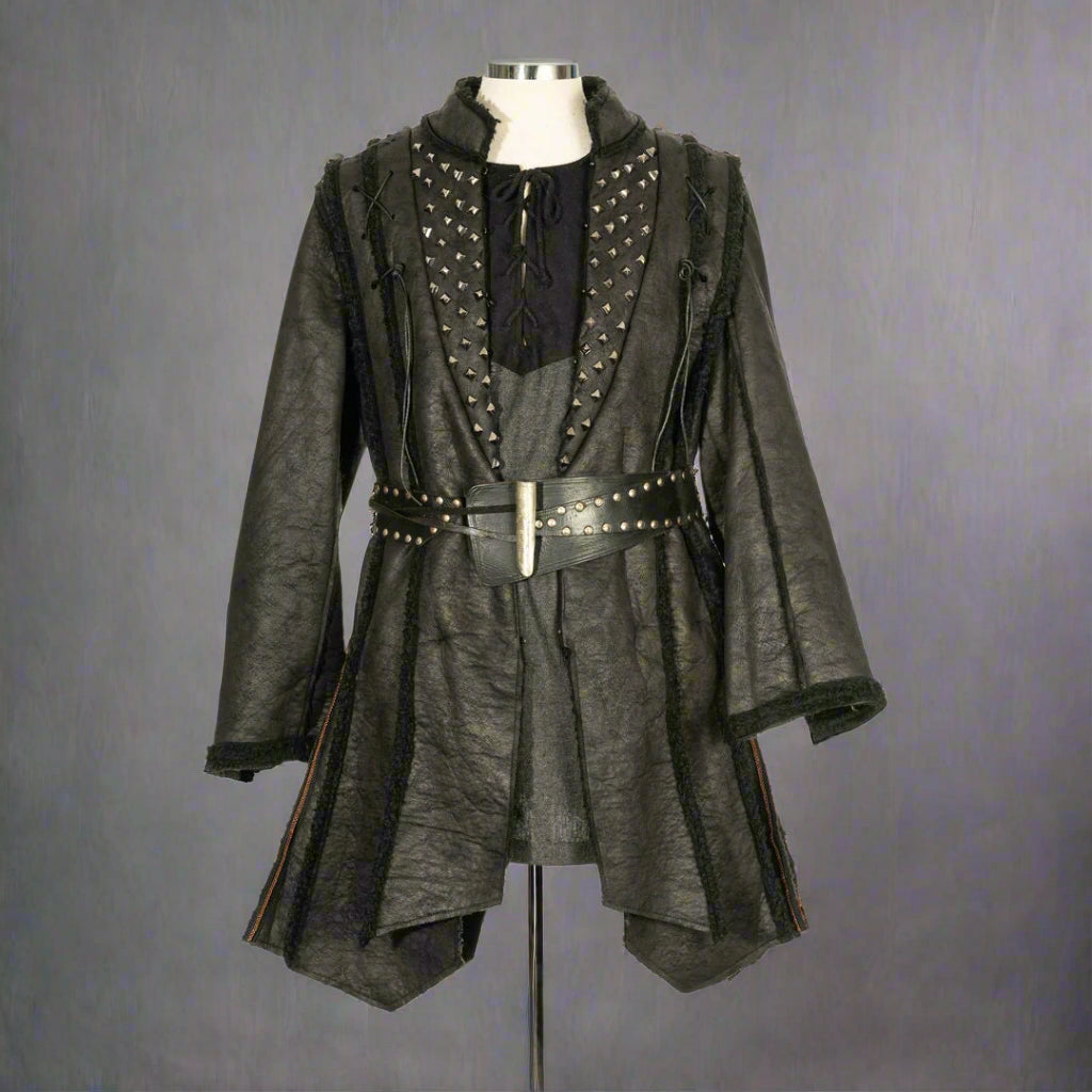 Front view of black faux leather Viking coat with metal studs, LARP warrior jacket.