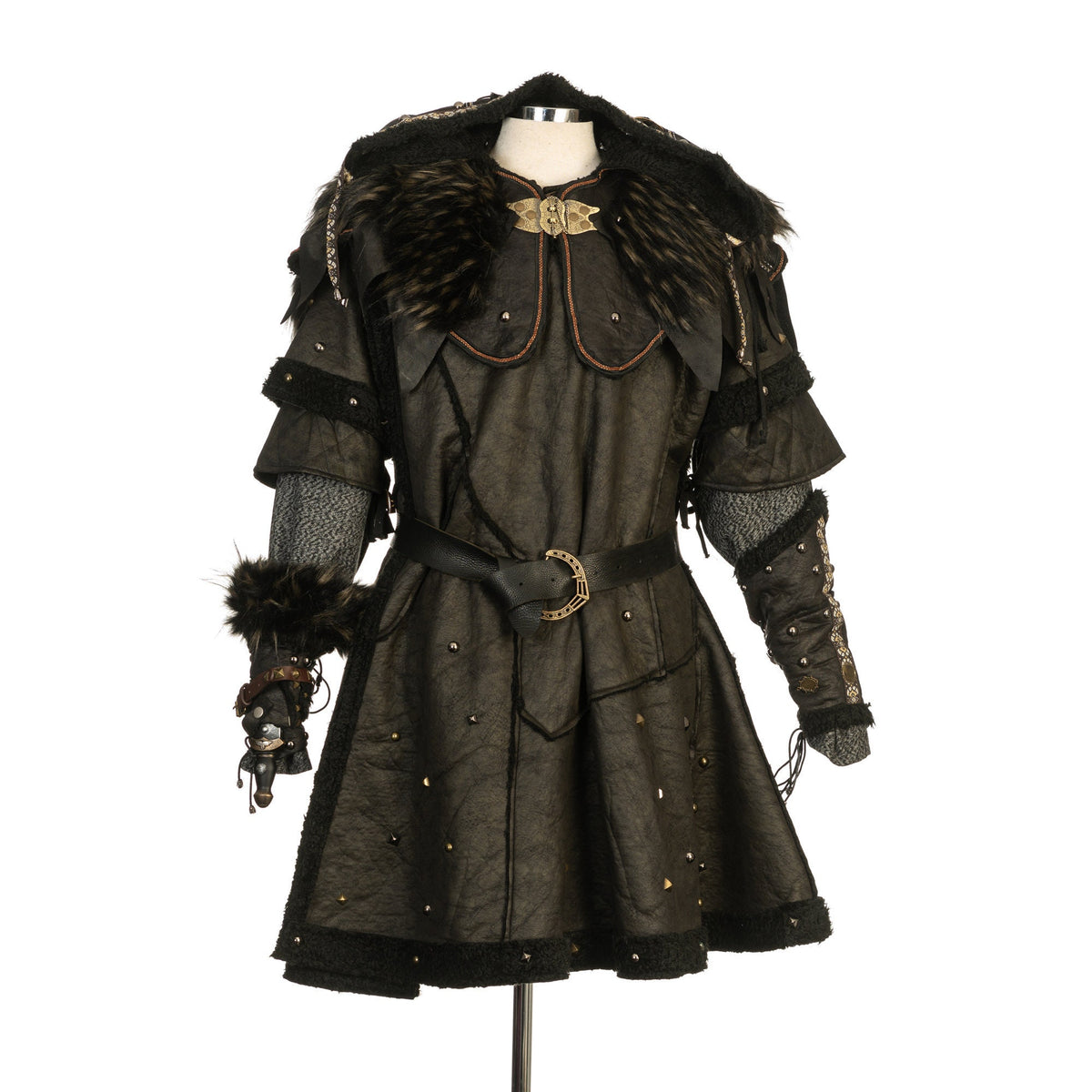 Medieval LARP costume front view featuring a black faux leather tunic, hood and vambraces.