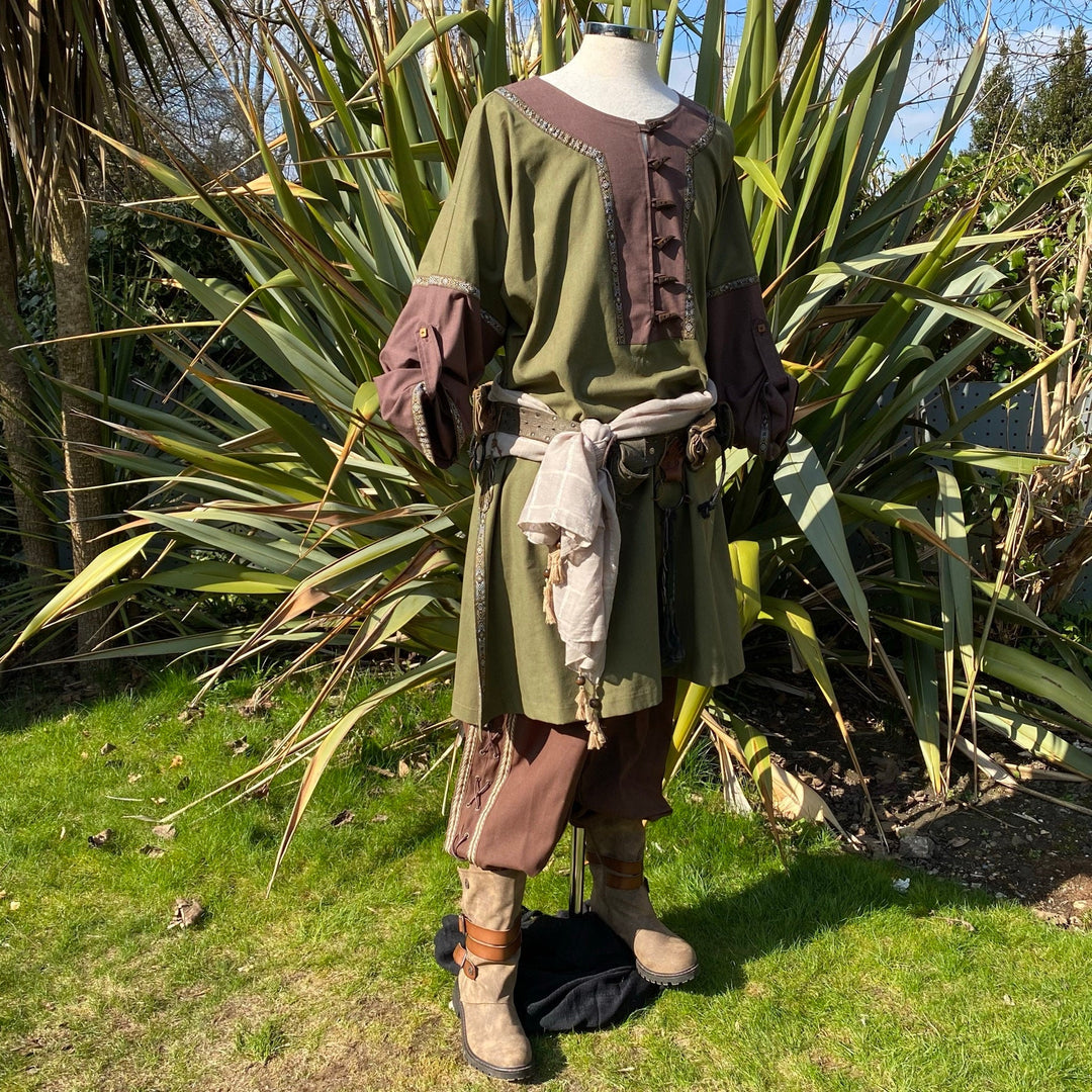 LARP green and brown tunic with layered belts, side.