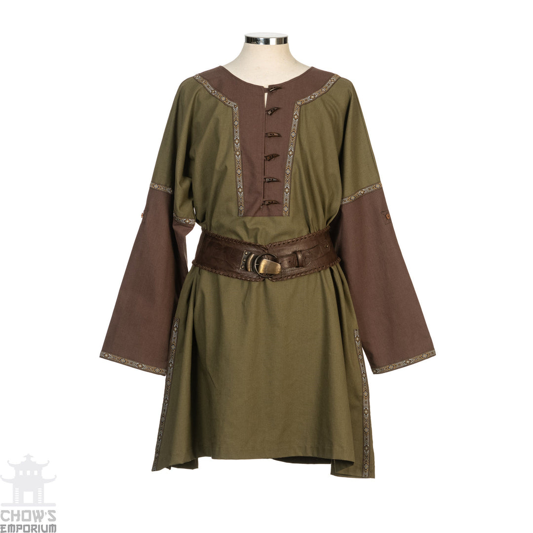 Front view LARP tunic with broad belt, green-brown, detailed trim pattern.