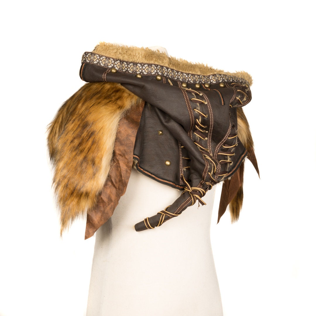 Brown faux LARP hood side view with fur trim and lace-up detail.