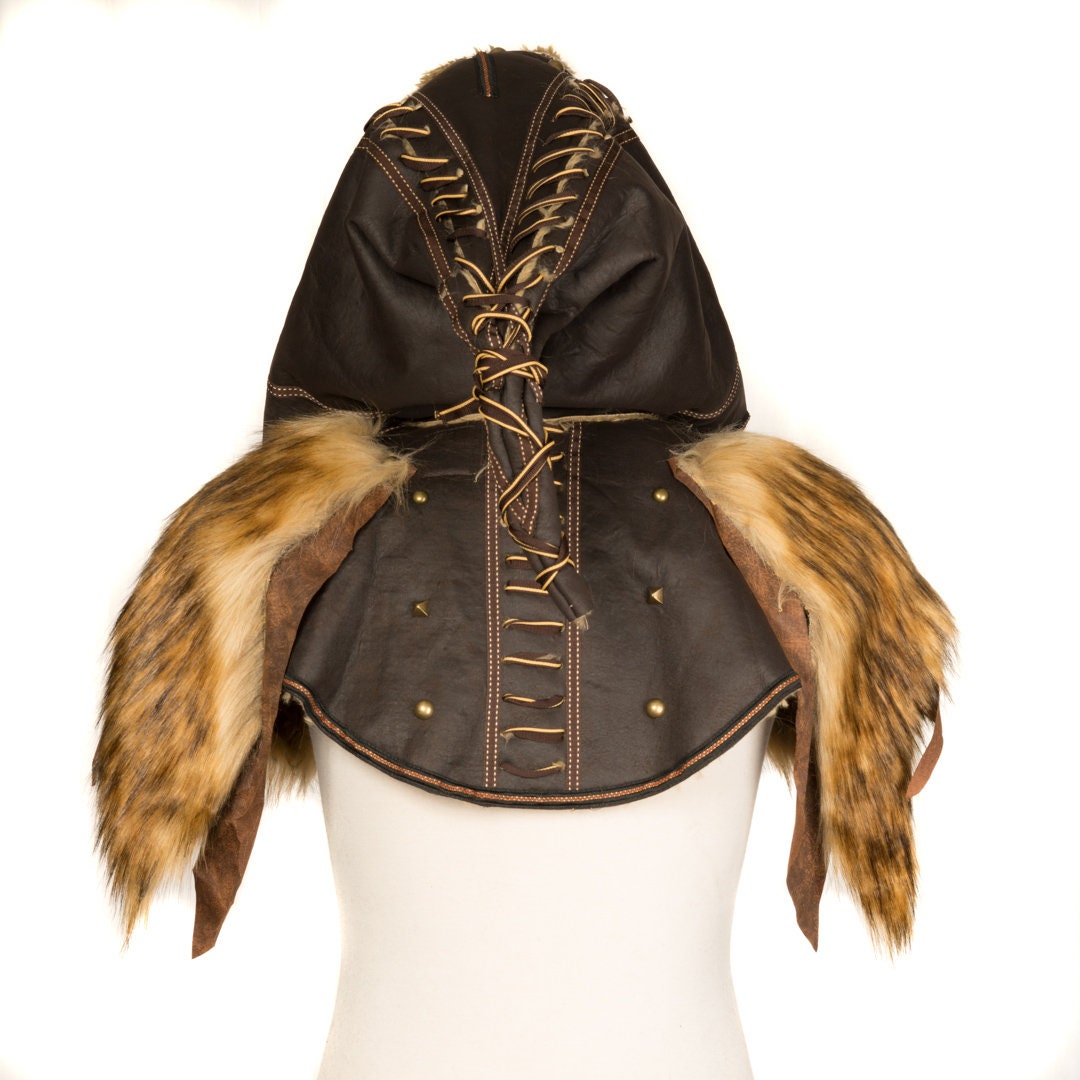 Rear view of brown LARP hood with fur accents and leather lacing detail.