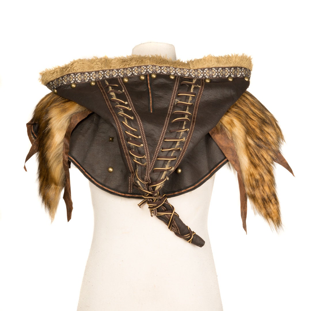 Brown LARP faux hood, back view with fur trim and lace detail.