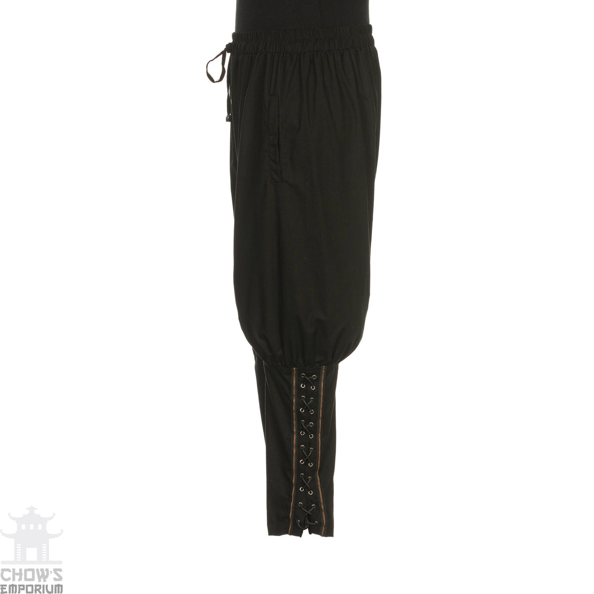 Side view black Viking pants with ankle lacing for LARP costume.
