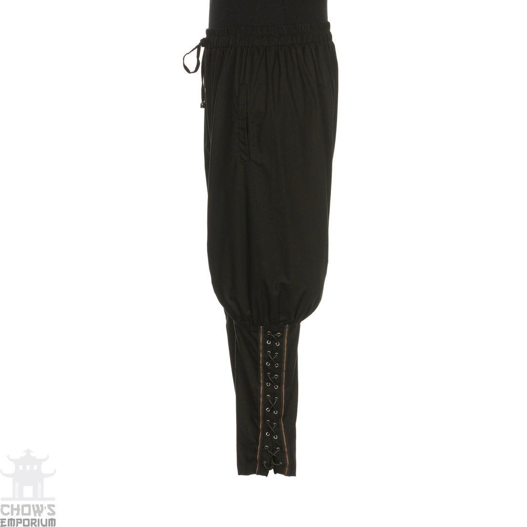 Side view black Viking pants with ankle lacing for LARP costume.