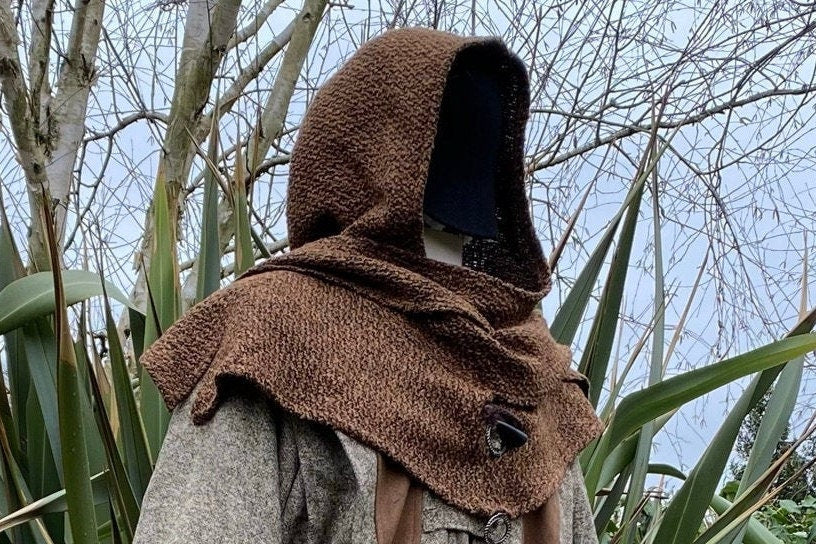 Medieval LARP outfit with brown hood and mantle.