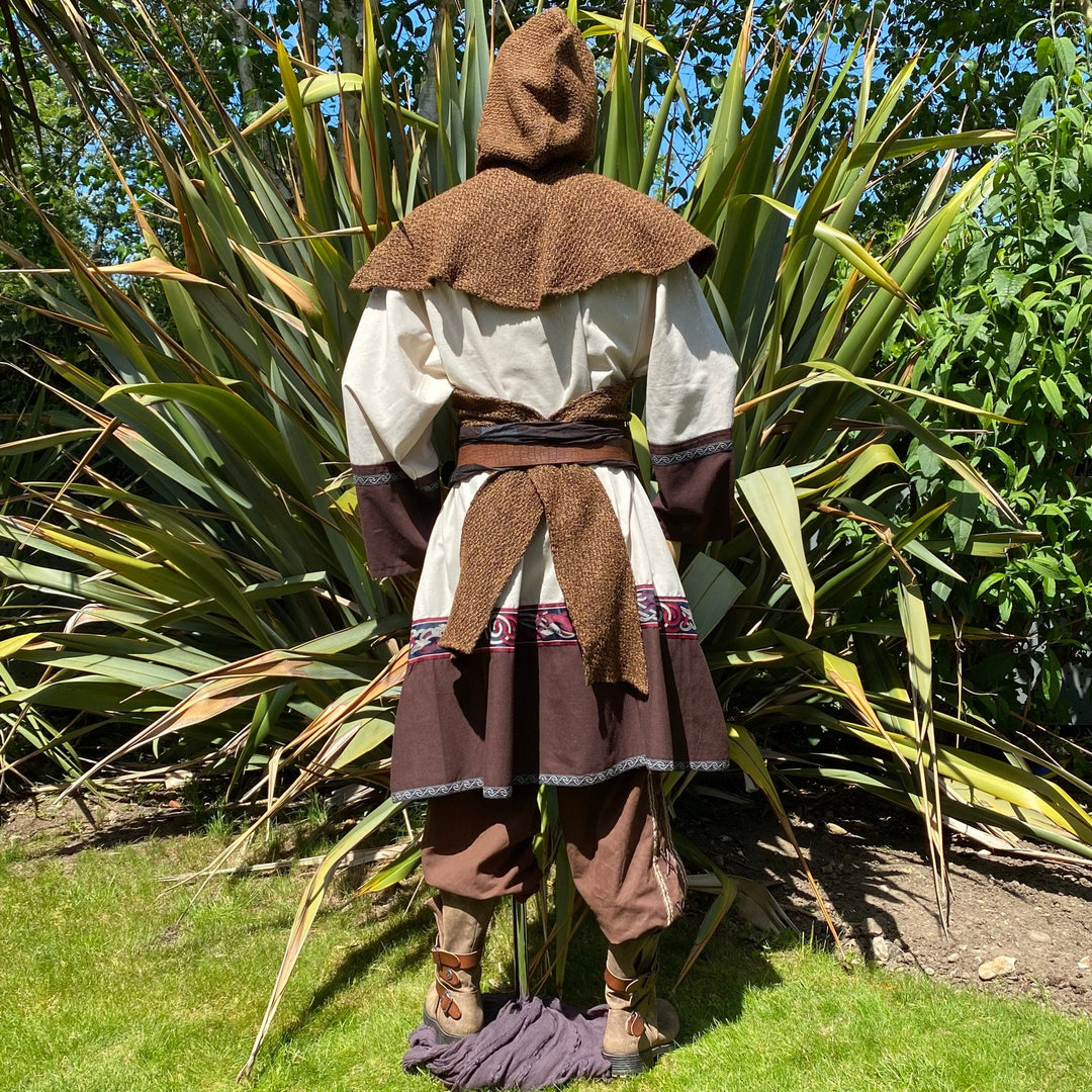 Back view of LARP medieval tunic, brown mantle, and hood.