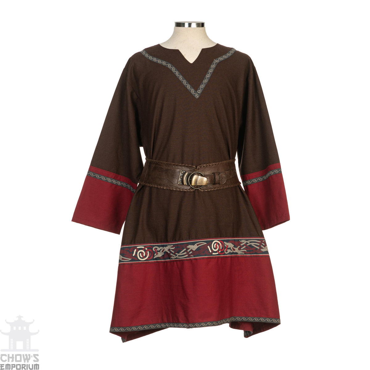 Brown and red medieval tunic with ornate trim, broad belt; front view.