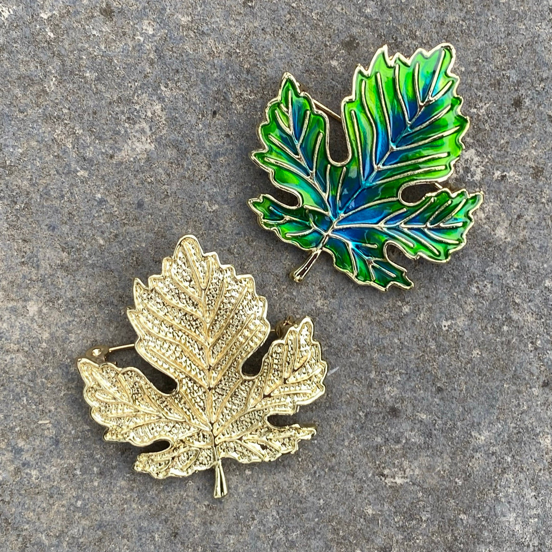 Elven leaf brooches on stone, gold and green design for LARP.