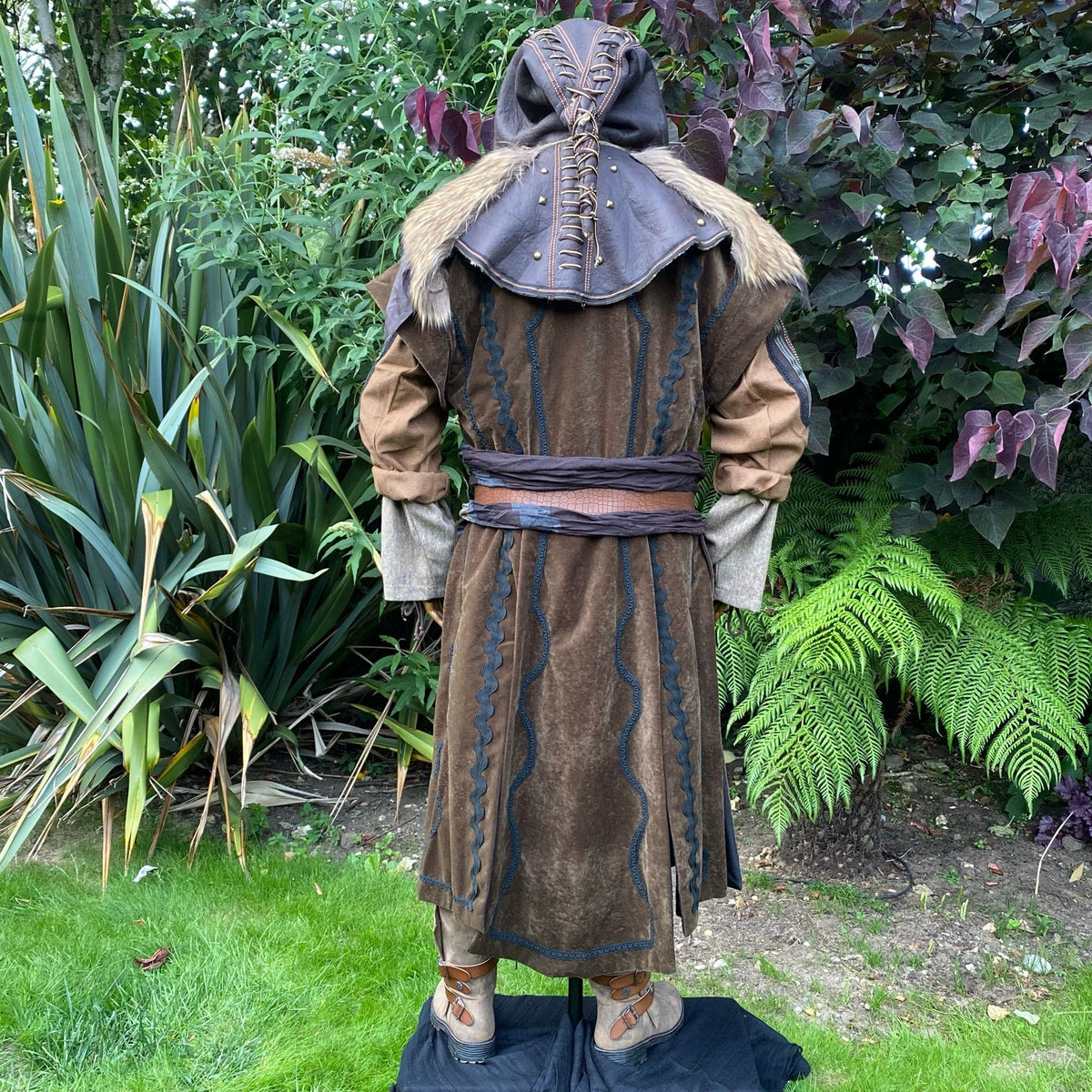Back view of ornate brown medieval LARP outfit with fur-trimmed hood.