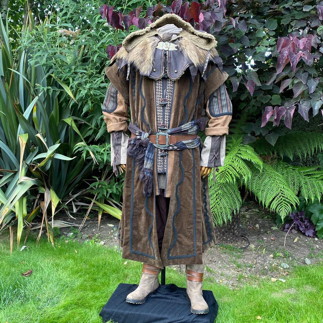 Brown LARP outfit with fur-trimmed hood and striped sleeves.