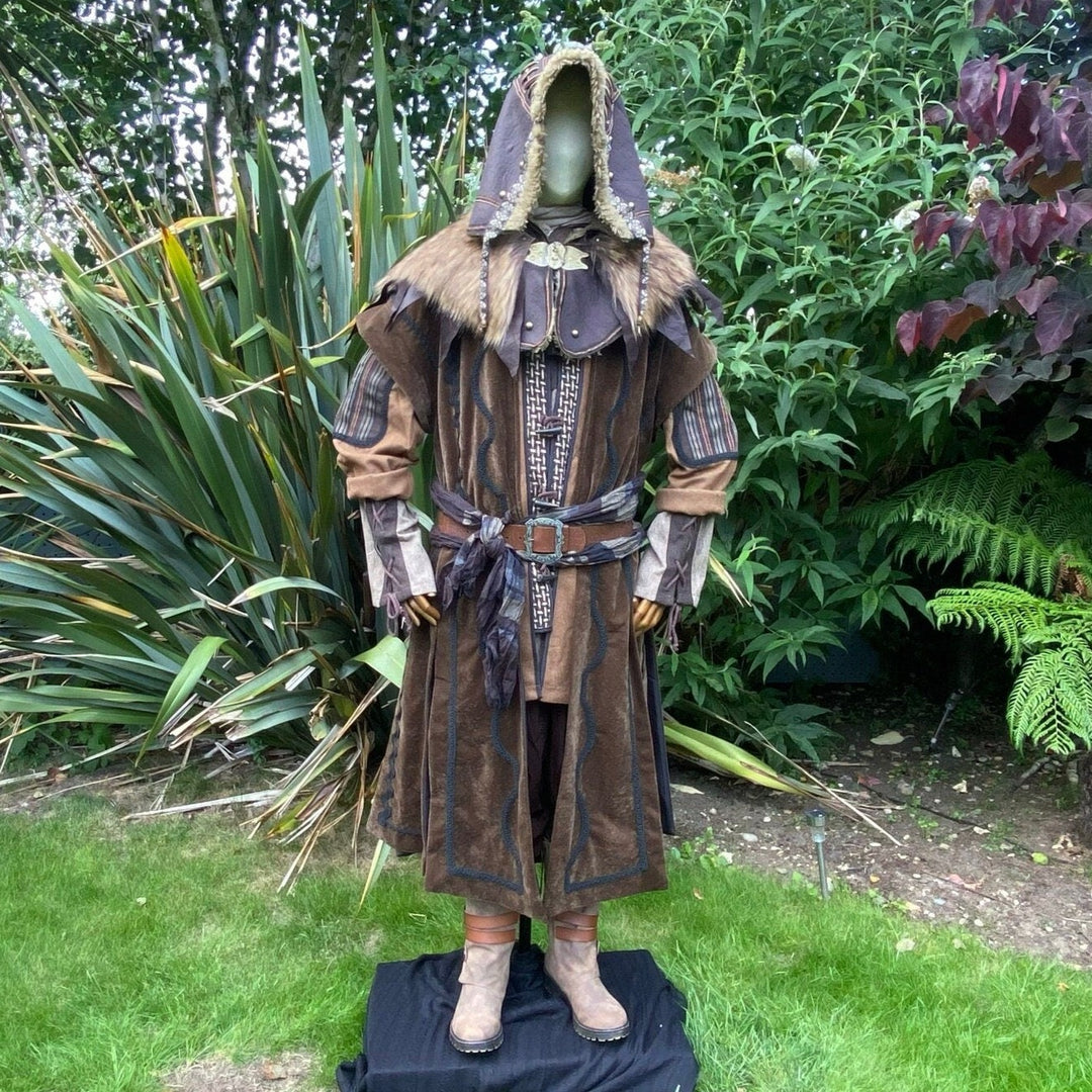 Front view of medieval Dwarf Lord attire; detailed hood and layered textiles.