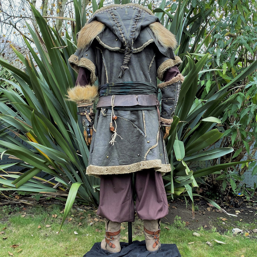 Barbarian LARP armor, rear view with fur details, hood, and rustic belt.