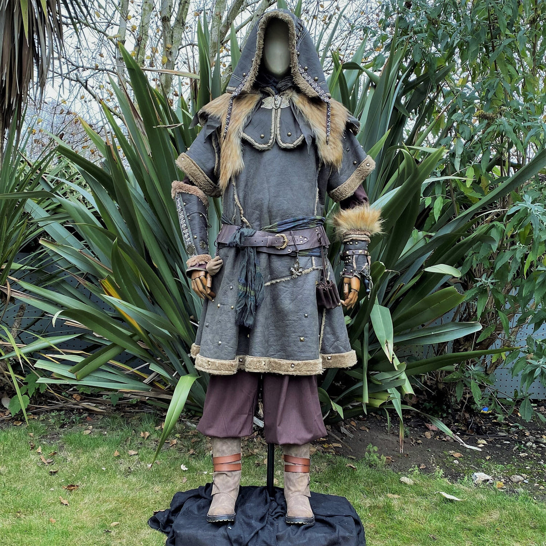 Barbarian LARP battle set with fur trim, showing jacket and hood.
