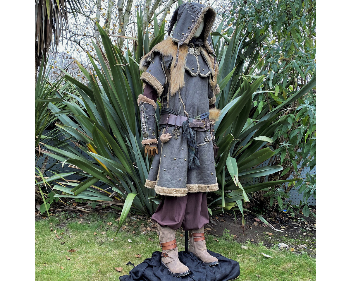 LARP medieval barbarian armor with fur-trimmed hood.