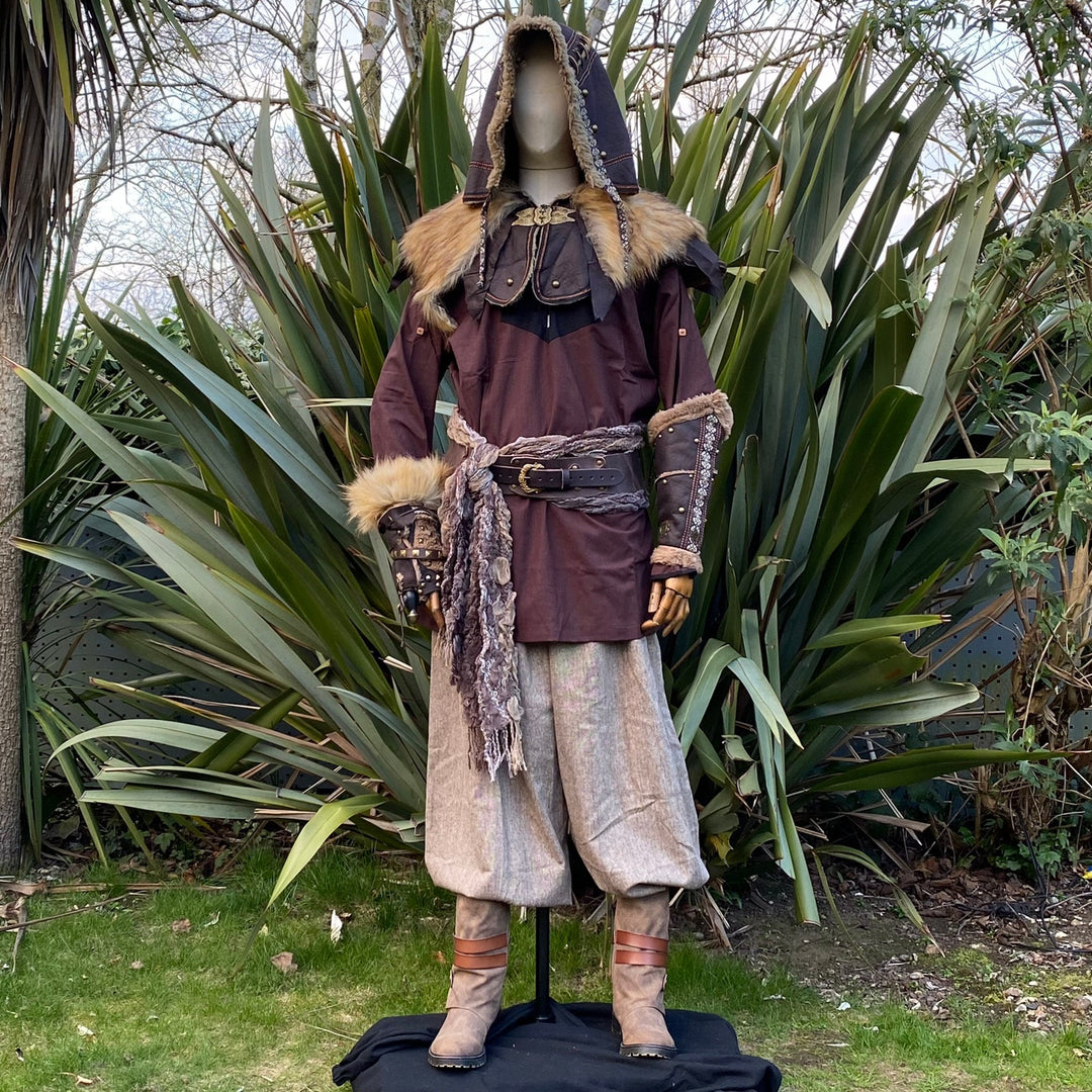 LARP medieval battle set with brown fur-trimmed jacket and hood, full view.