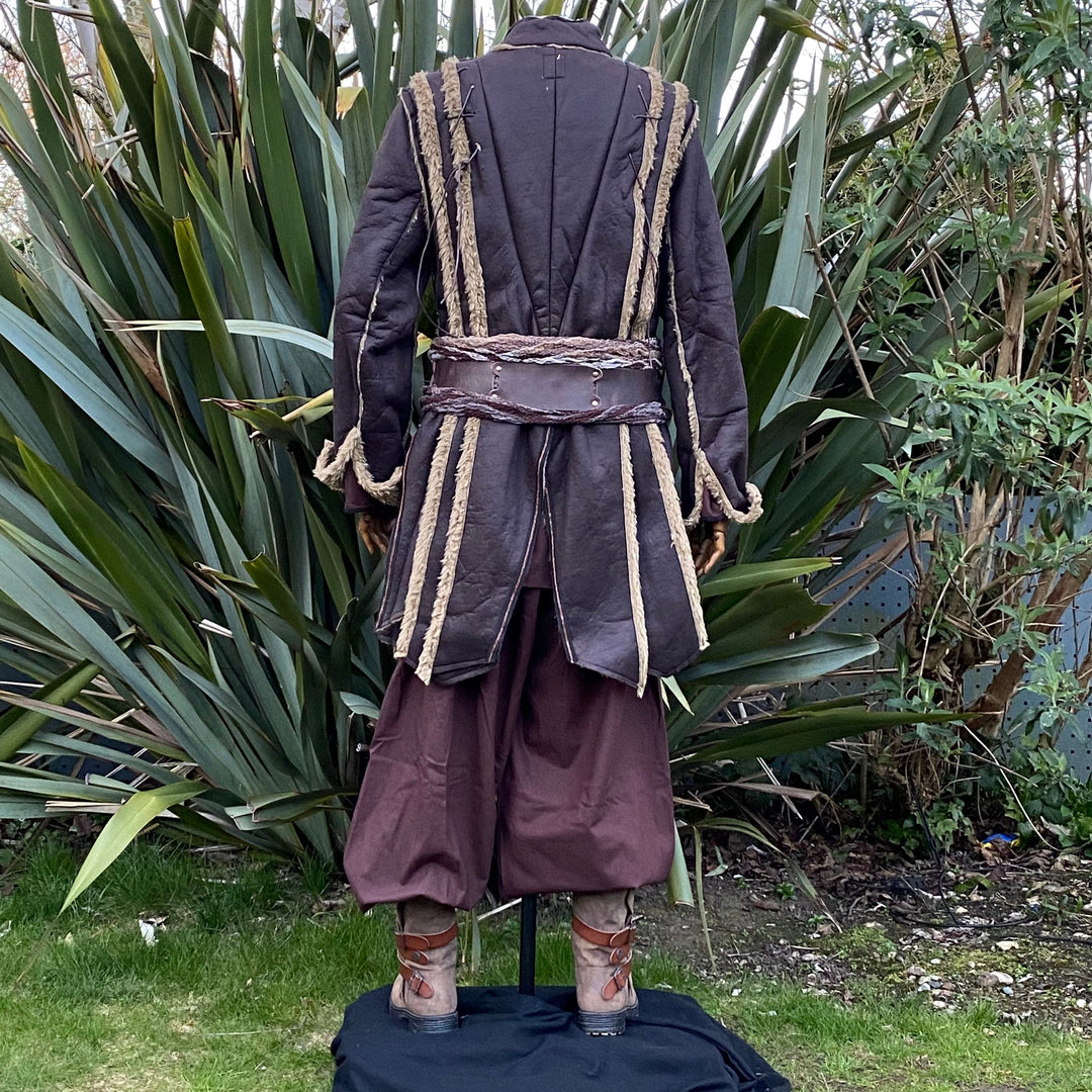 Back view of brown Viking warrior coat with flared panels and medieval detailing.