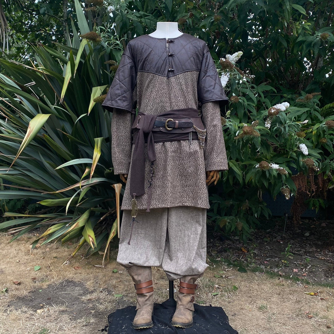 Medieval LARP outfit with quilted tunic and belt, front.