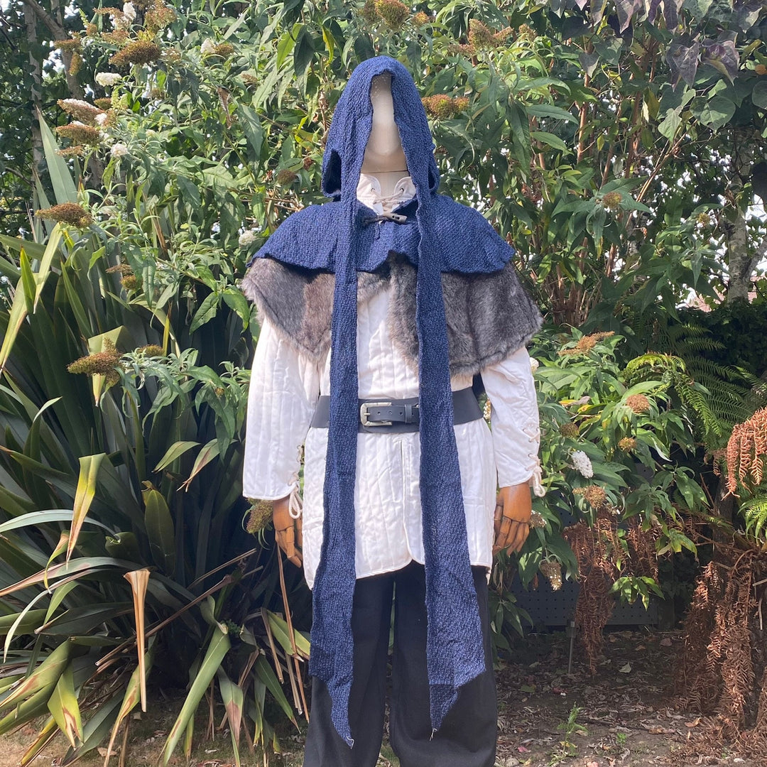Blue-grey medieval LARP hooded mantle with faux fur, front view.