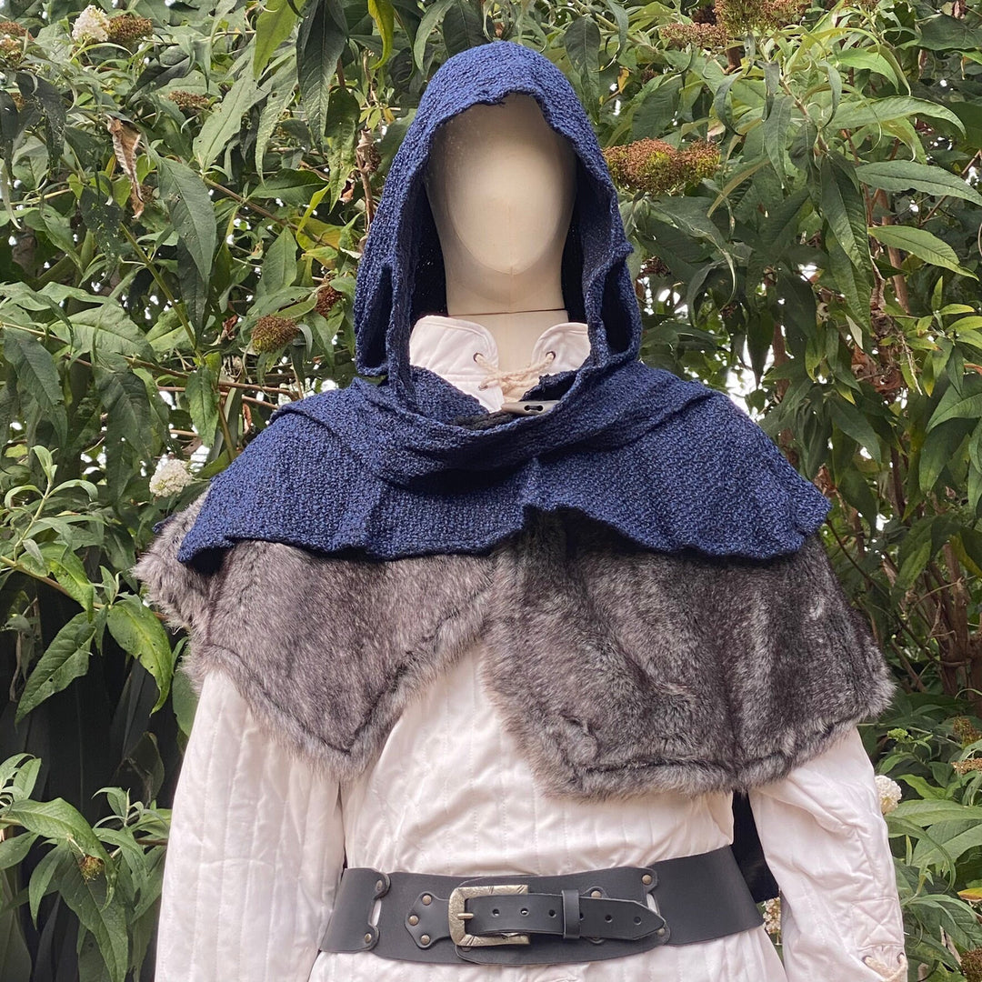 Blue textured hood and grey faux fur mantle on mannequin for LARP medieval cosplay.
