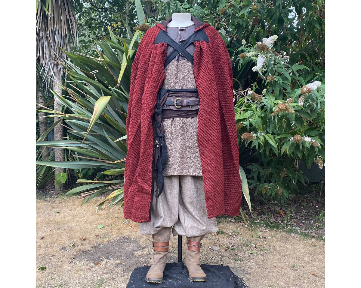 Viking LARP outfit front view, red cloak over brown tunic and trousers.