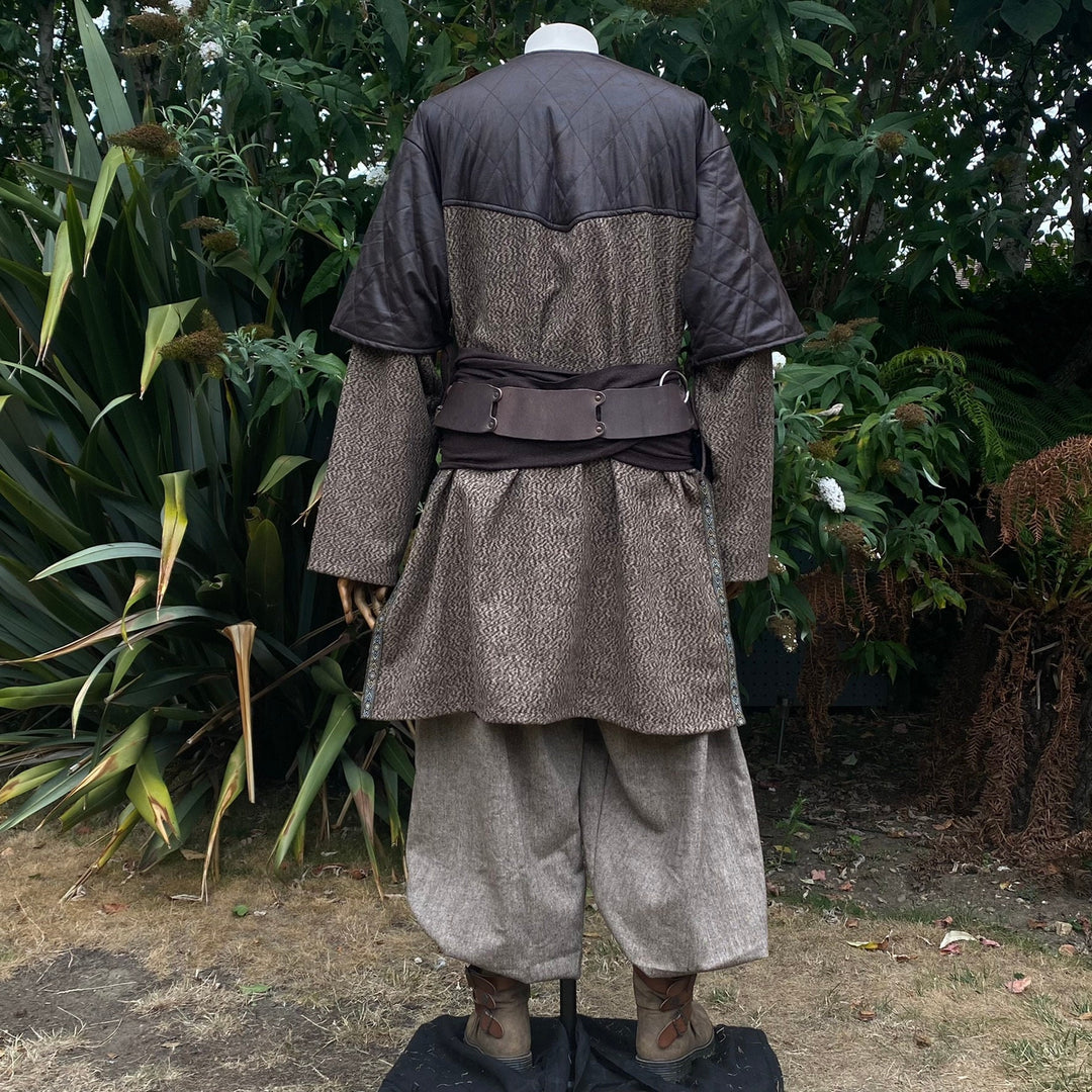 Rear view of brown medieval outfit with textured tunic for LARP events.