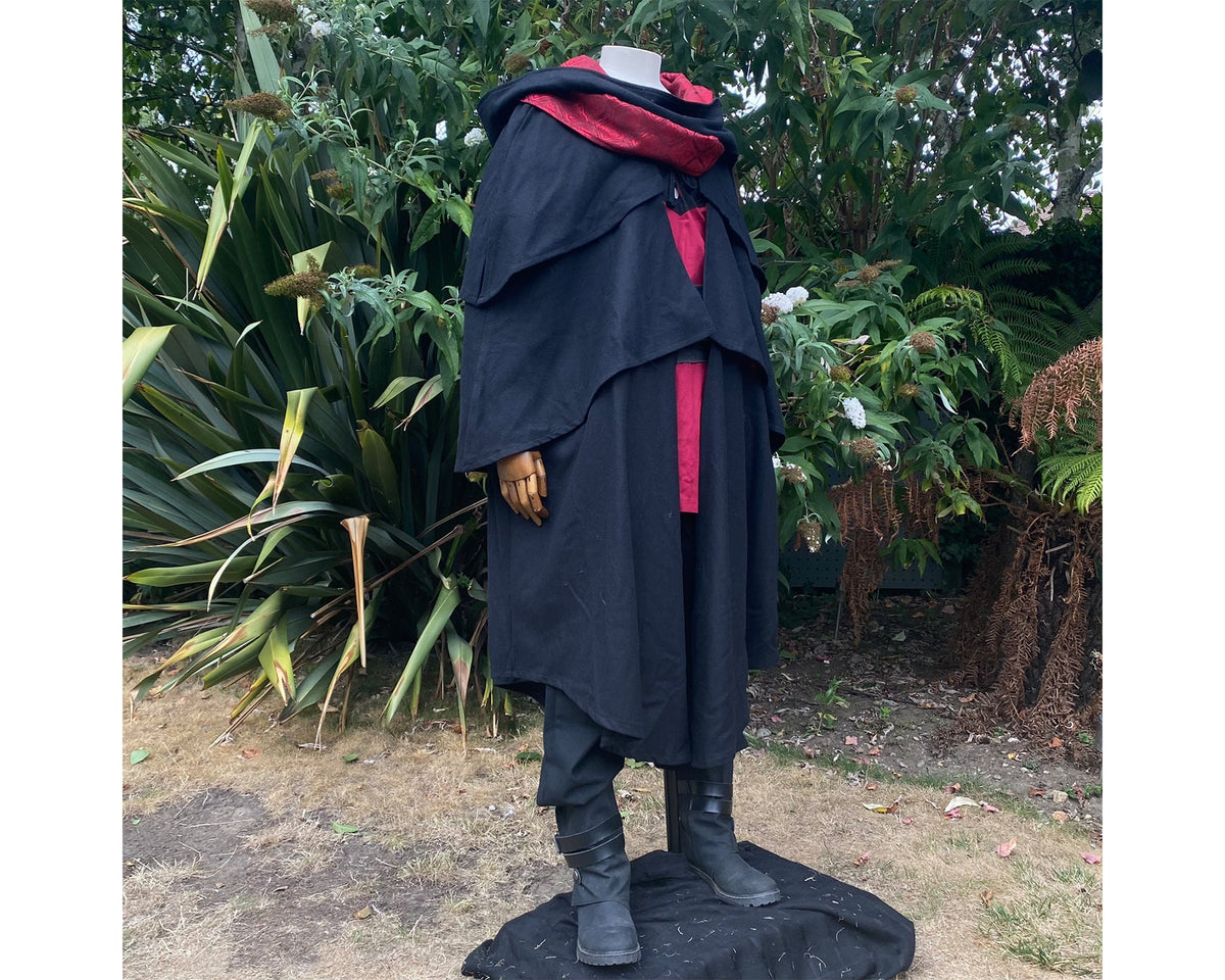 Medieval LARP costume front view featuring a 3-layered cloak, shirt, and belt.