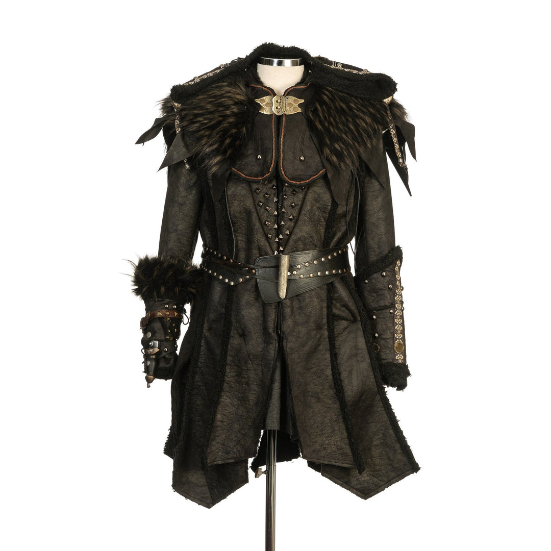 Medieval LARP warrior set front view; fur details, ornate clasps, studded belt.