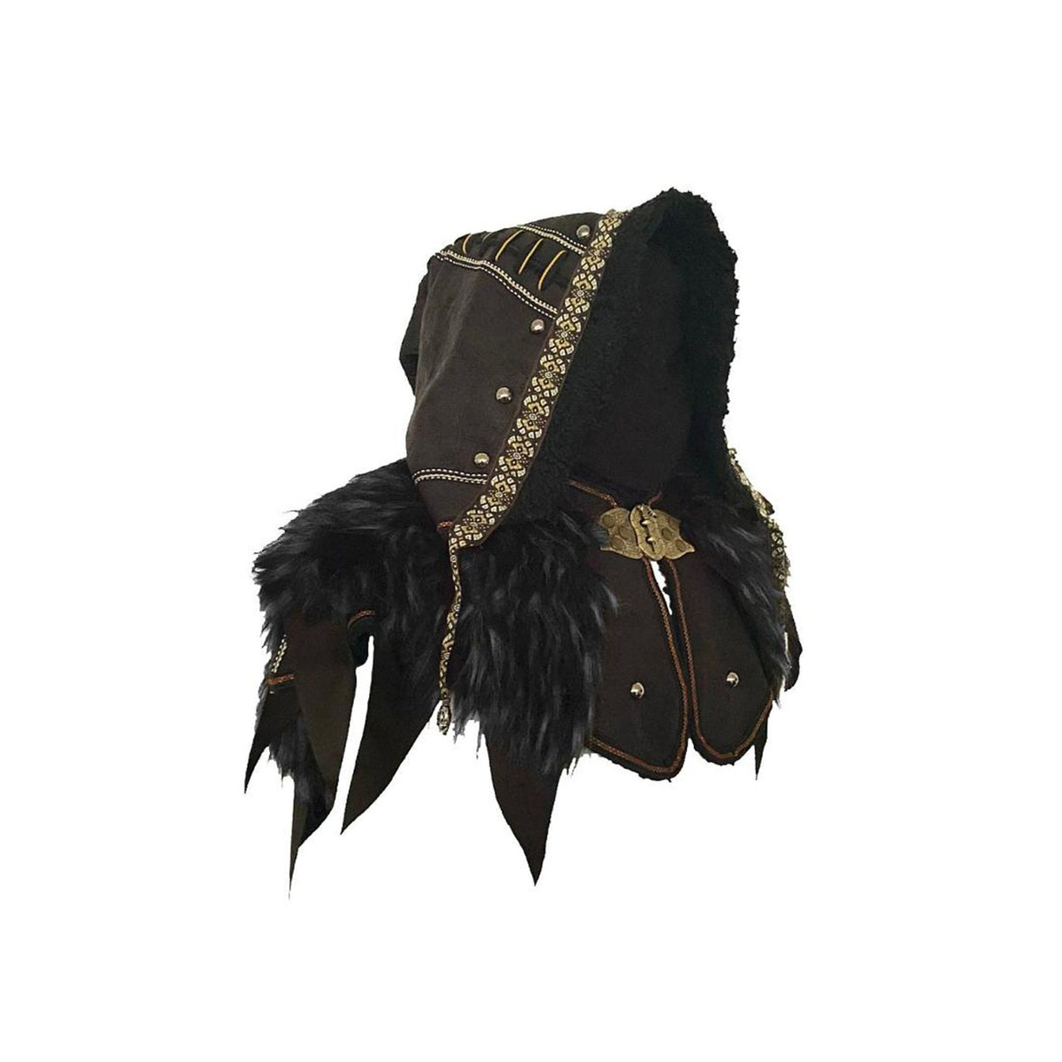 Ornate LARP hood with gold trim and faux fur detail, side view.