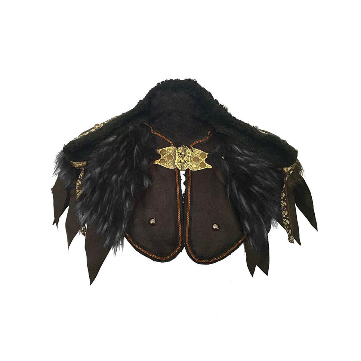 Ornate black faux hood with gold accents, front view, for medieval LARP.