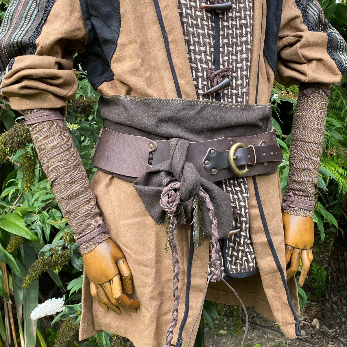Brown herringbone arm wraps for LARP, styled with layered medieval attire.