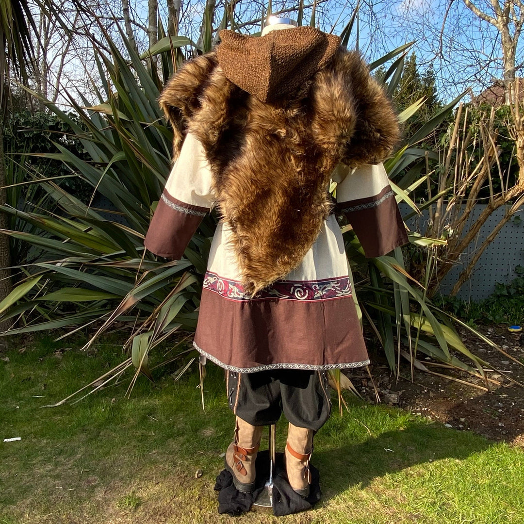 Rear view of LARP outfit with faux fur mantle.