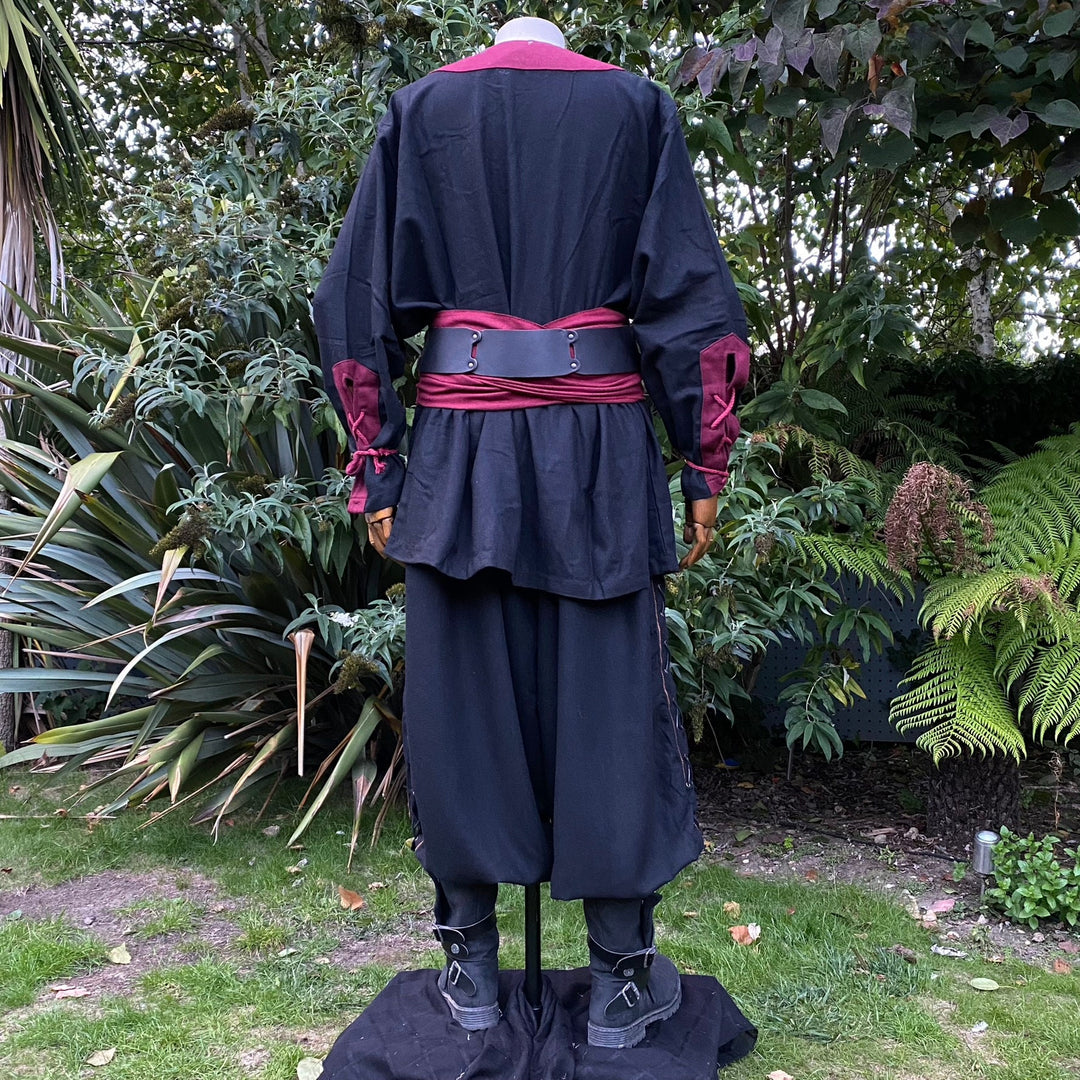 Back view of LARP Viking shirt in black-red with cinched cuffs and belt.