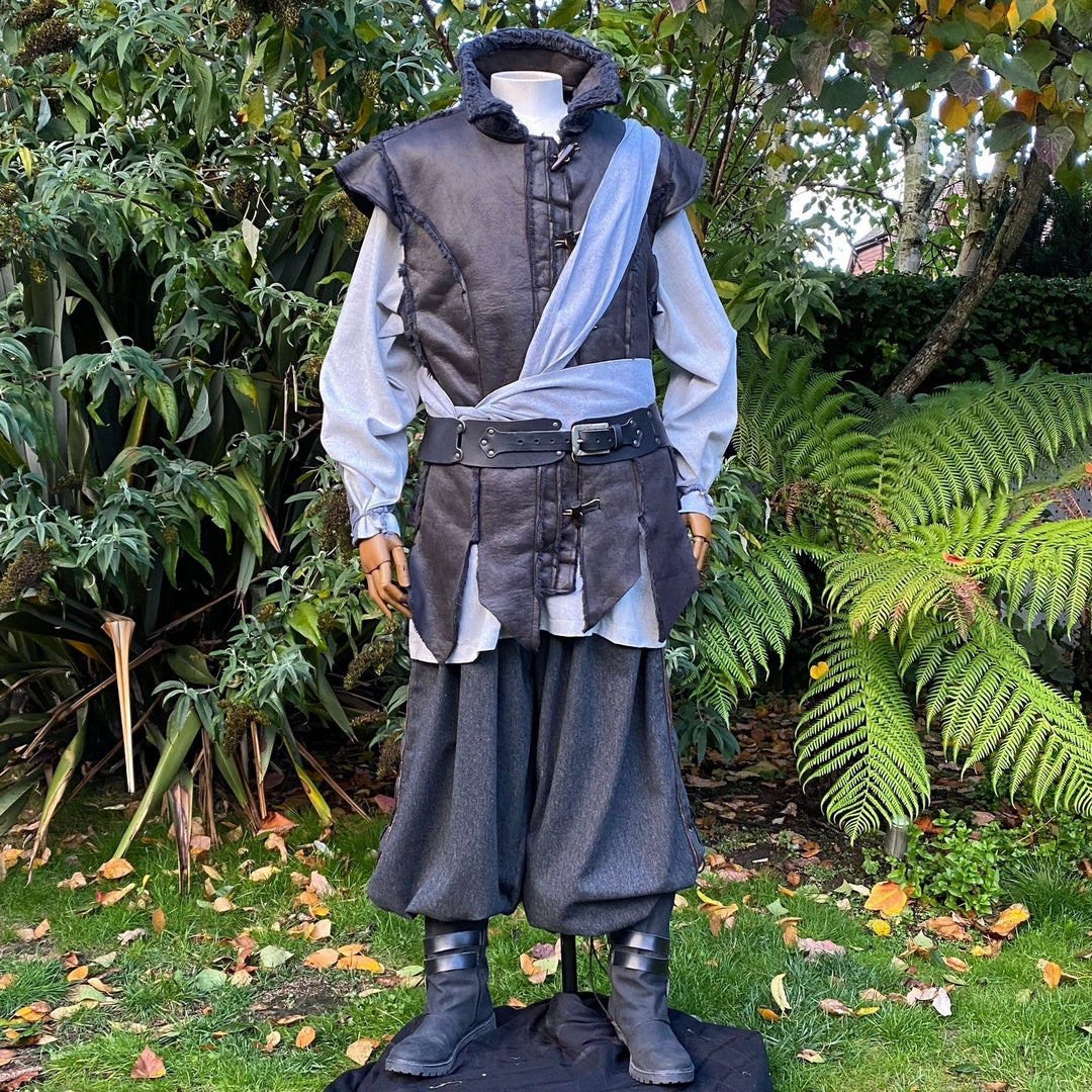 Faux leather medieval waistcoat with grey sash and buckled belt.