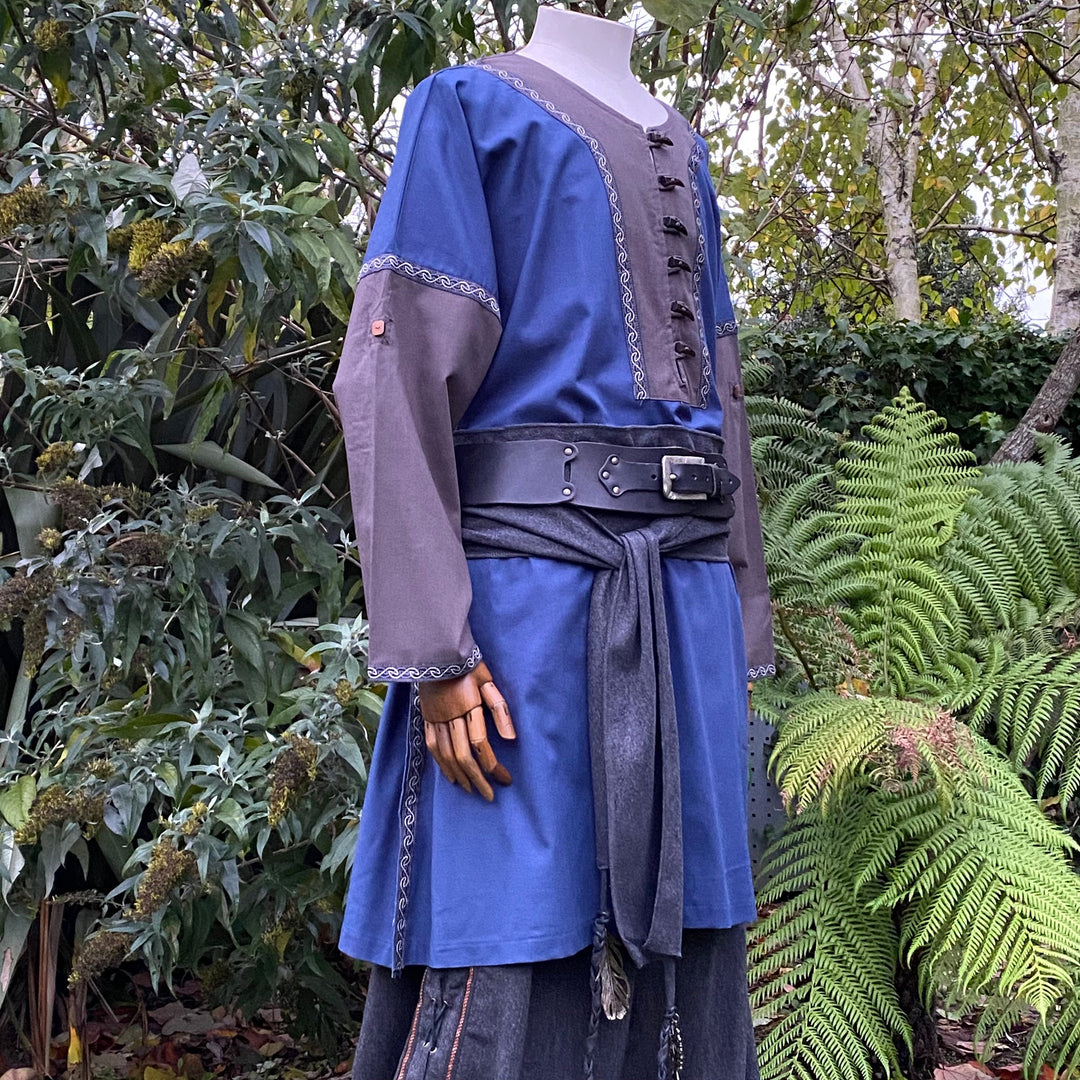 two-tone blue grey Viking shirt for medieval cosplay and Ren faire.