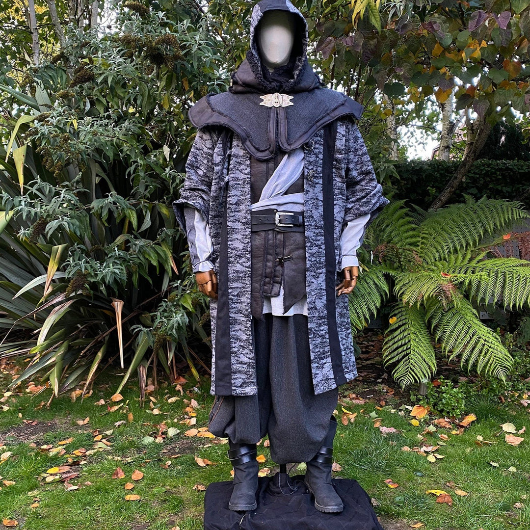 Medieval LARP costume front view, featuring faux leather hood and waistcoat, grey and black.