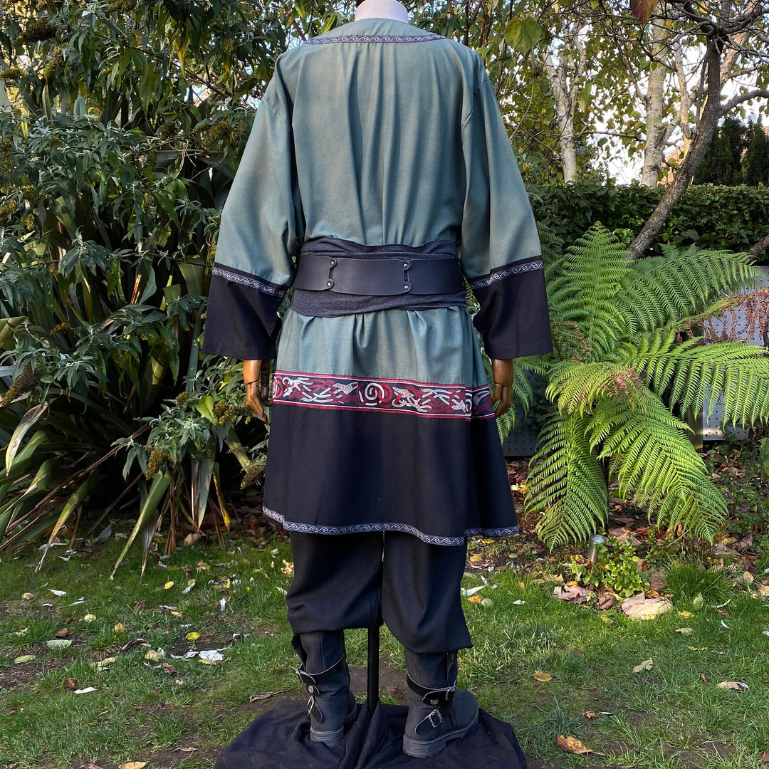 Back view of LARP outfit showing tunic, sash, and detailed trim.