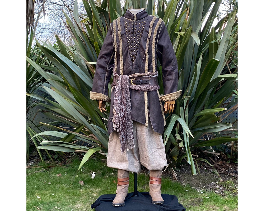 Front view of brown faux leather Viking coat with metal studs for LARP and cosplay.