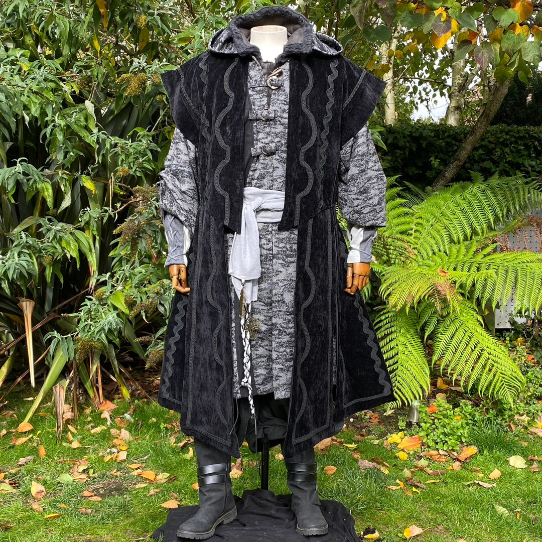 Medieval LARP set with velvet robe and hood, grey patterned waistcoat.