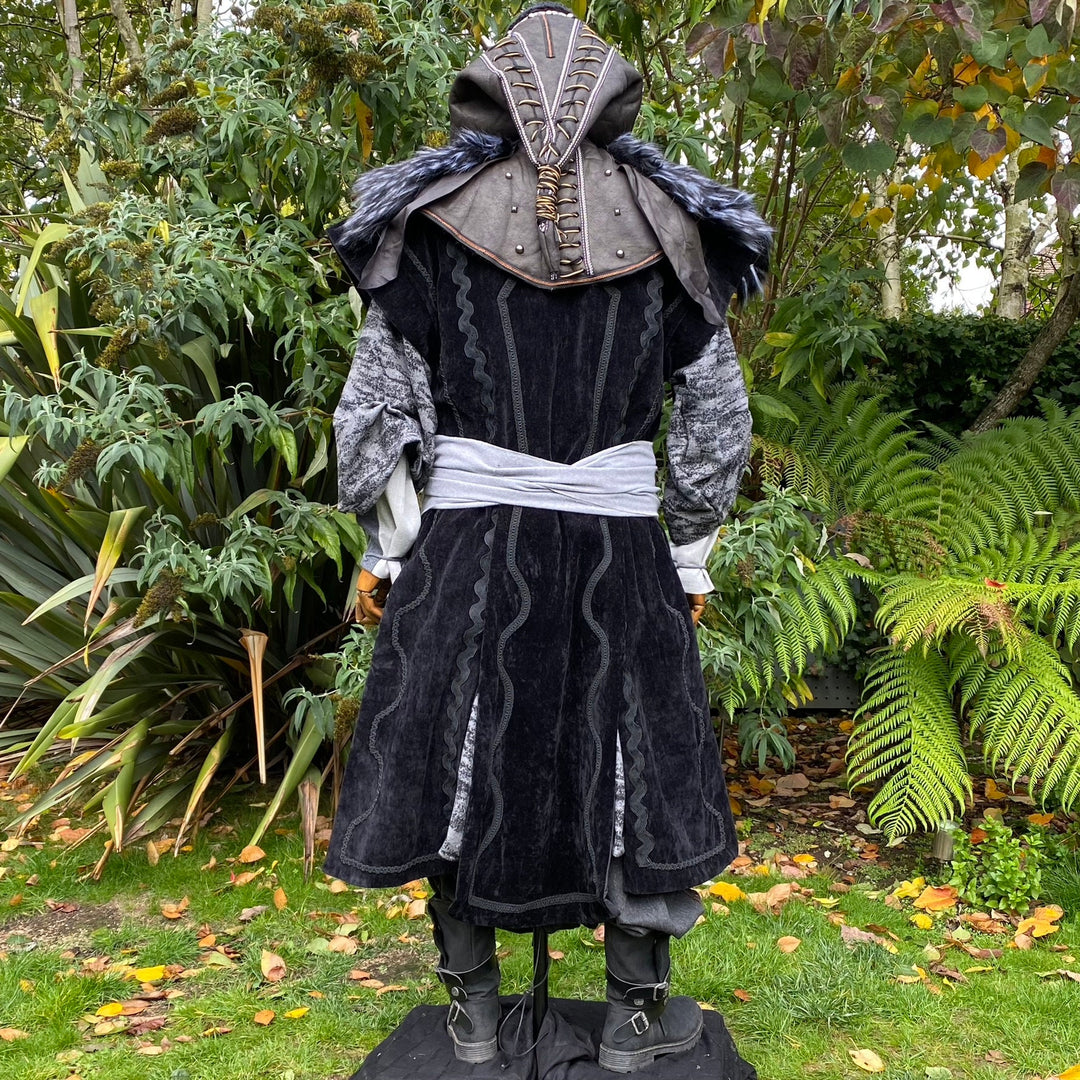 Dark medieval LARP set, back view: black velvet robe, hood, sash, and boots.