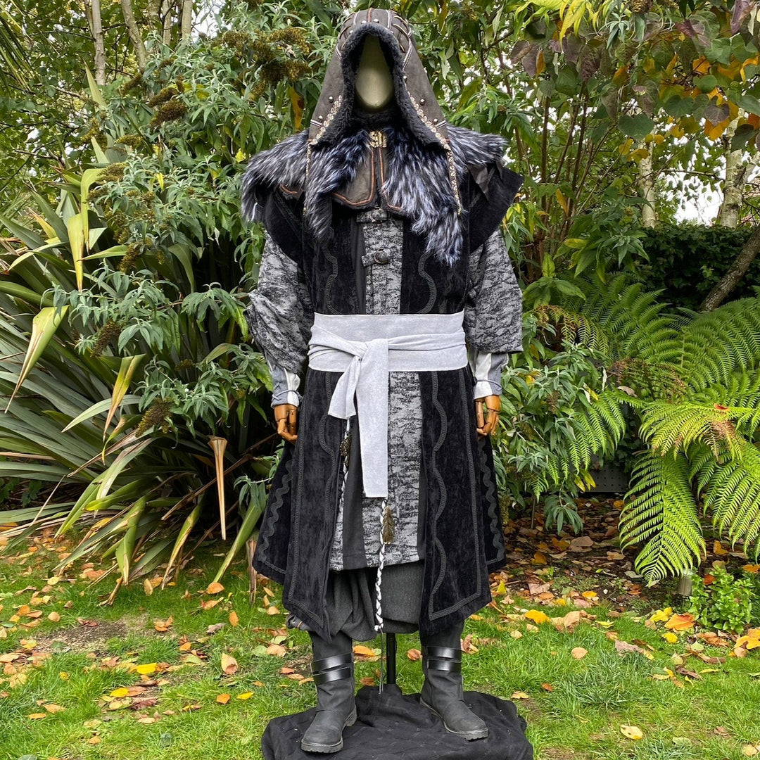 LARP costume with grey sash, ornate hood, fur trim.