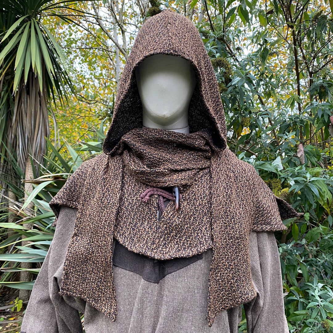 Brown LARP hooded scarf on mannequin, forest background, medieval style.