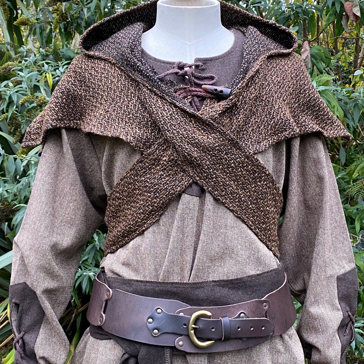 LARP medieval brown wool hood with cross-over drape on torso.