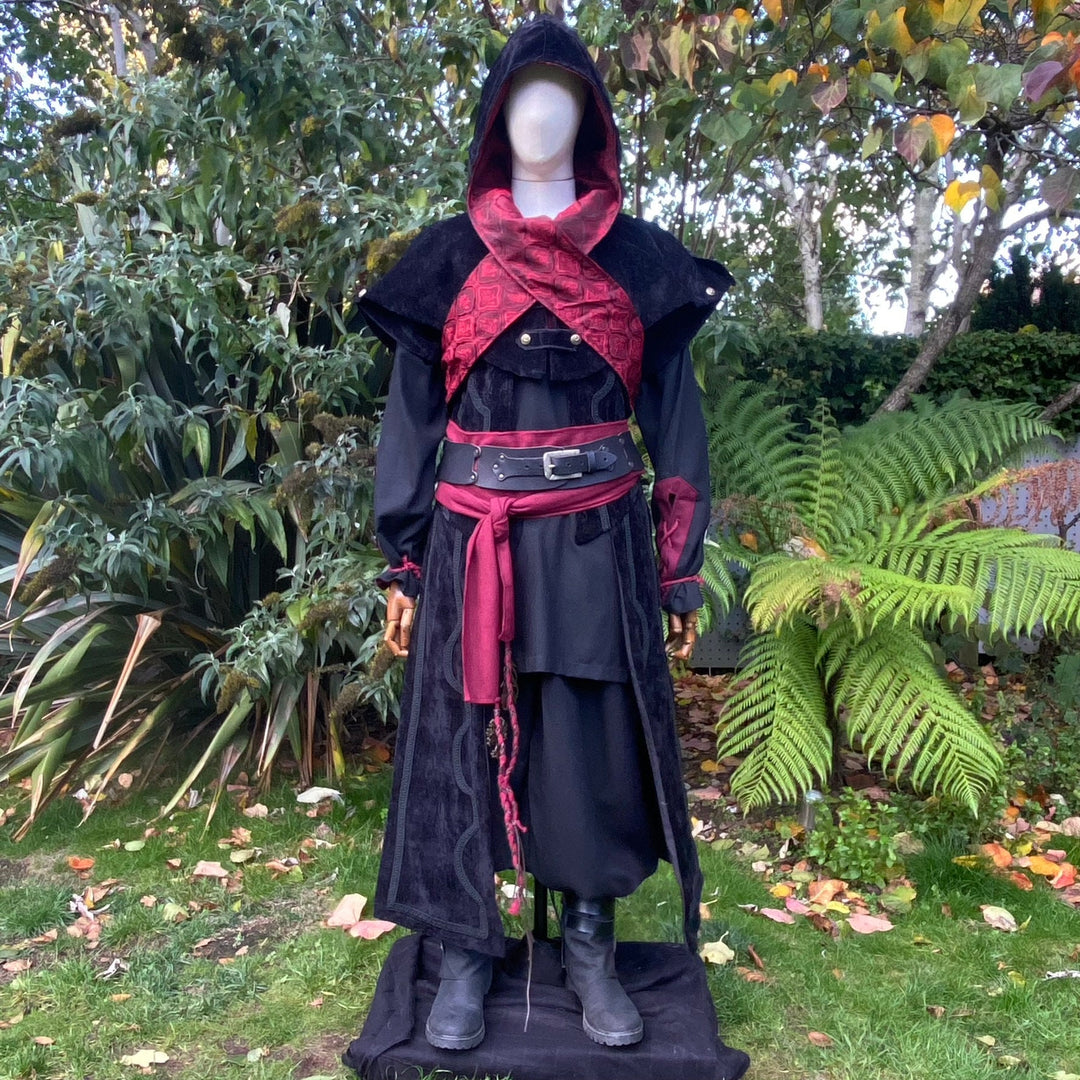 Mannequin in LARP blood mage costume, red crisscross waistcoat.