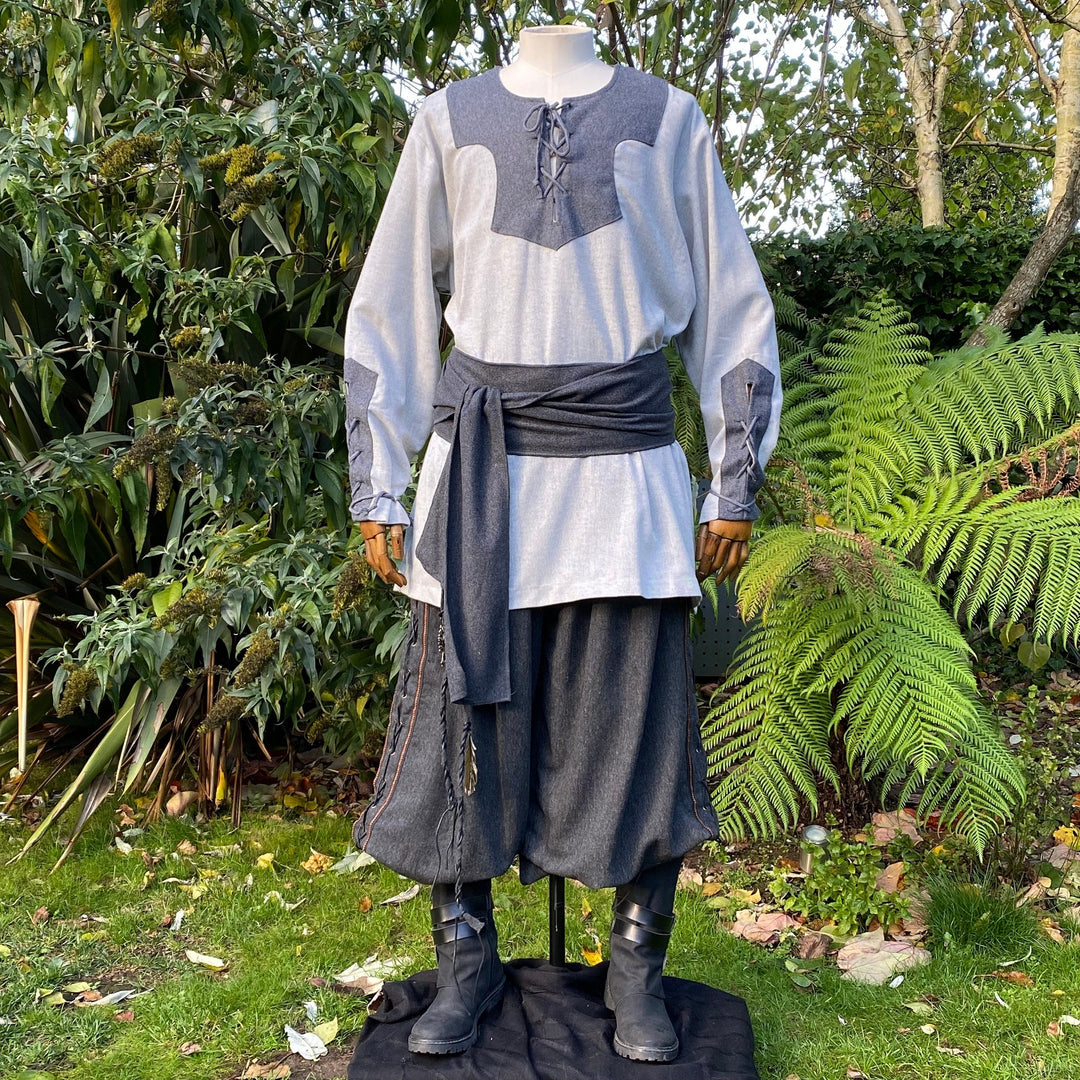 Medieval LARP tunic front view; two-tone grey with laced neck detail.