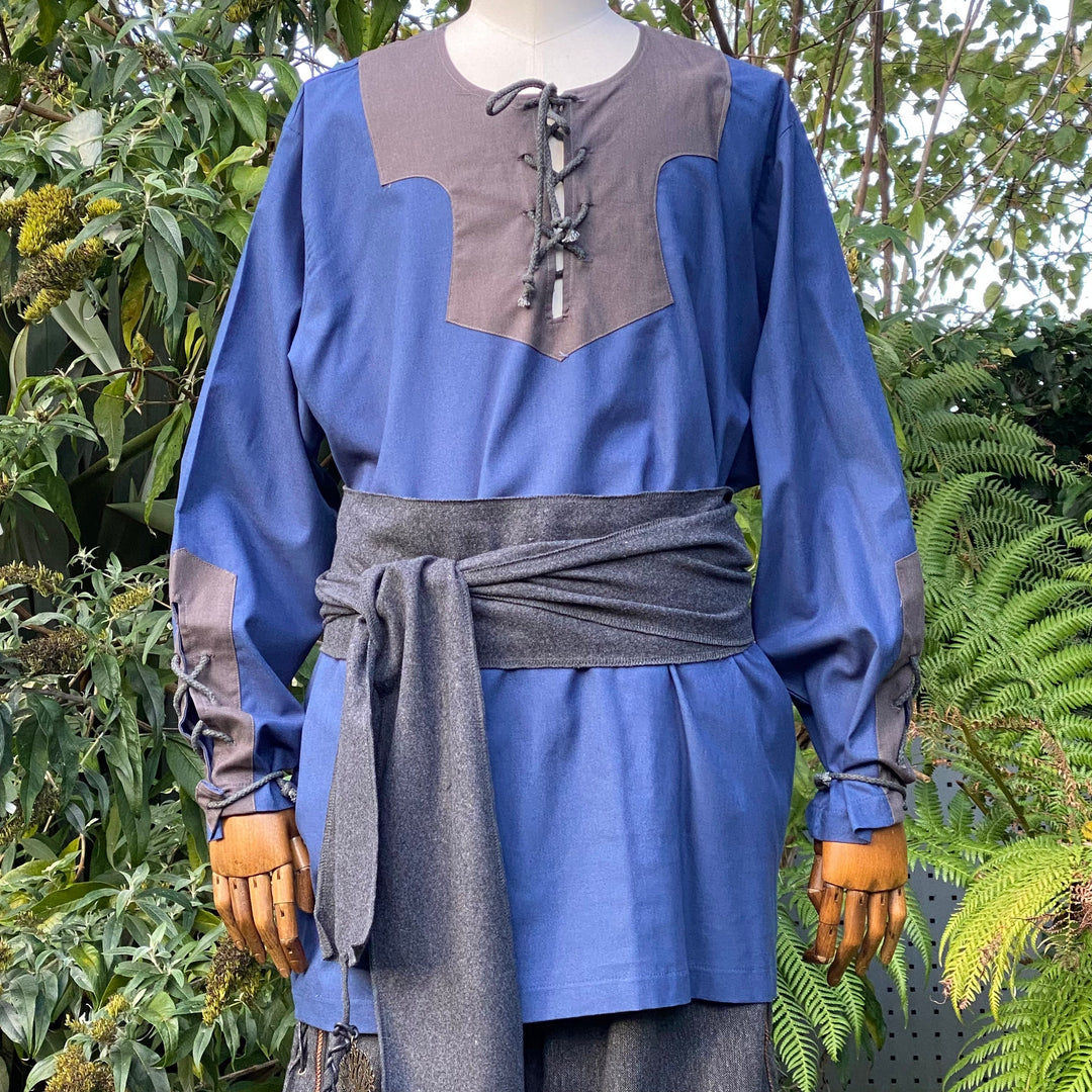 Lightweight collarless shirt/tunic with lace-up neck and contrasting colour neckline.