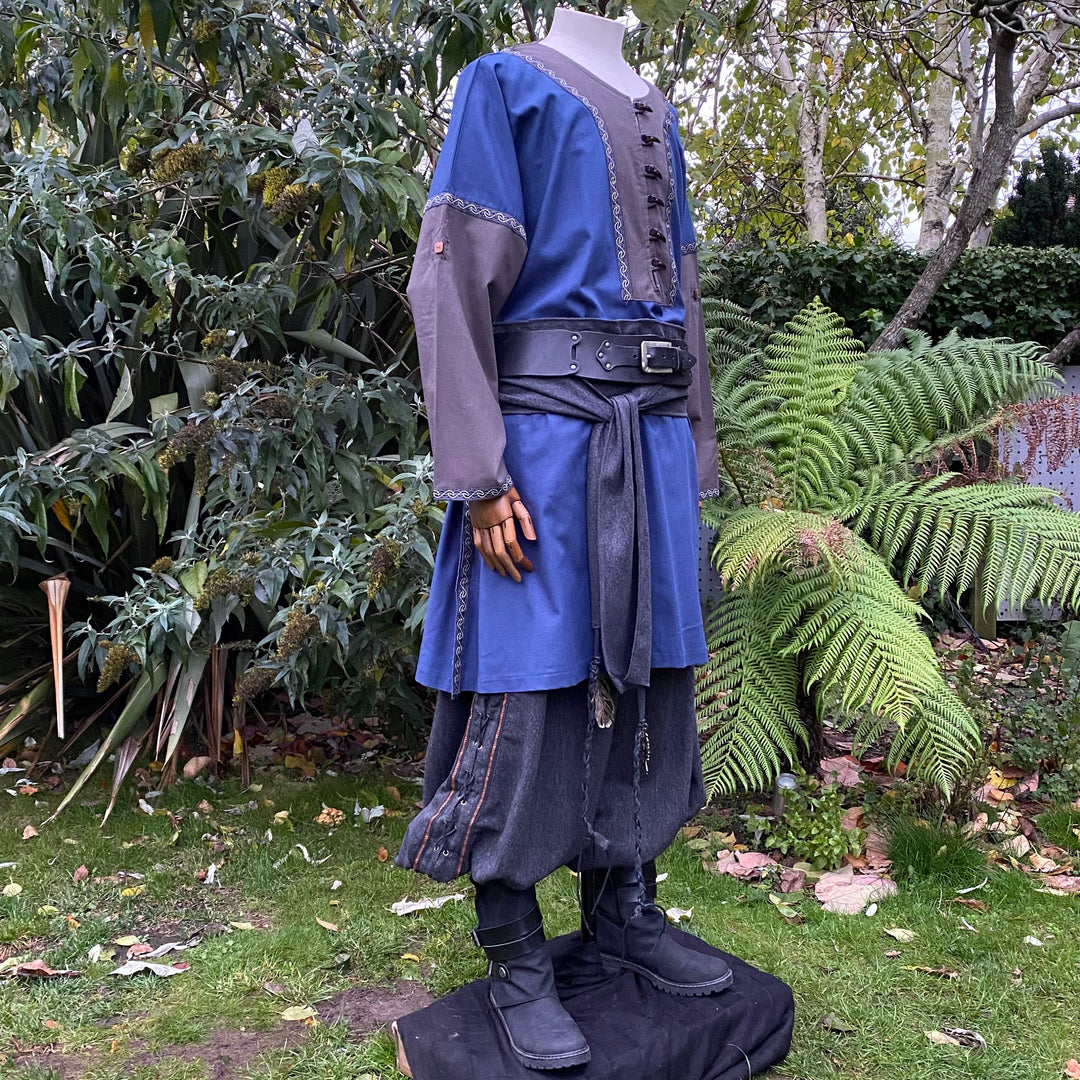 button-down blue grey Viking tunic styled for fantasy fair.