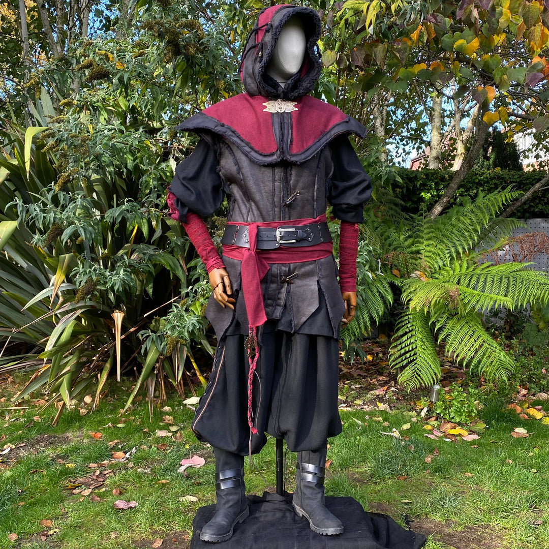 Demon Hunter LARP set with maroon hood, waistcoat, shirt, and sash.