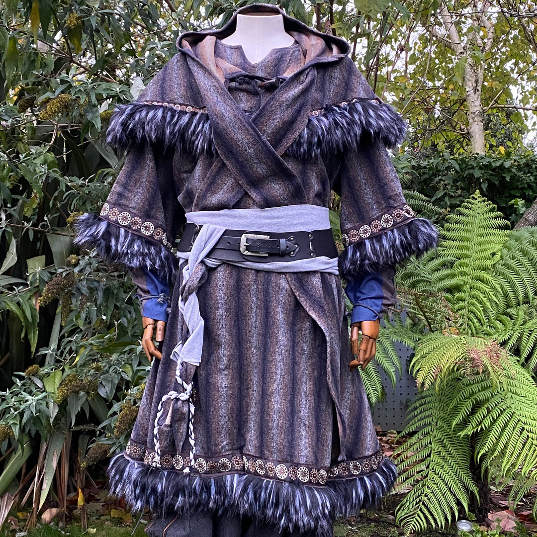 Arcane warrior LARP outfit with tunic, hood, trousers, sash, fur trim, grey fabric.